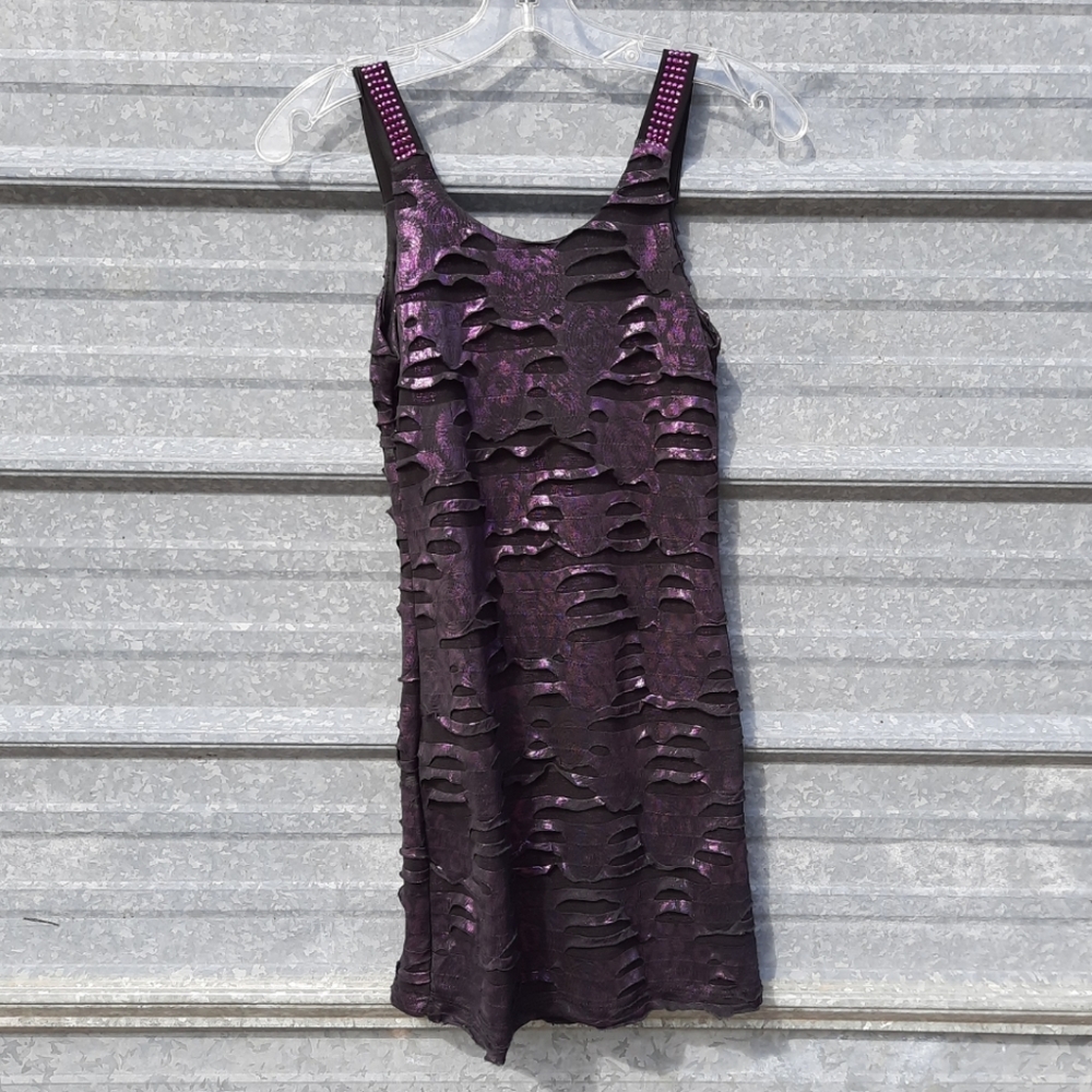 Sexy Metallic Purple Slasher Rhinestone Bodycon Mini Yoyo5 Dress - Picture 15 of 17